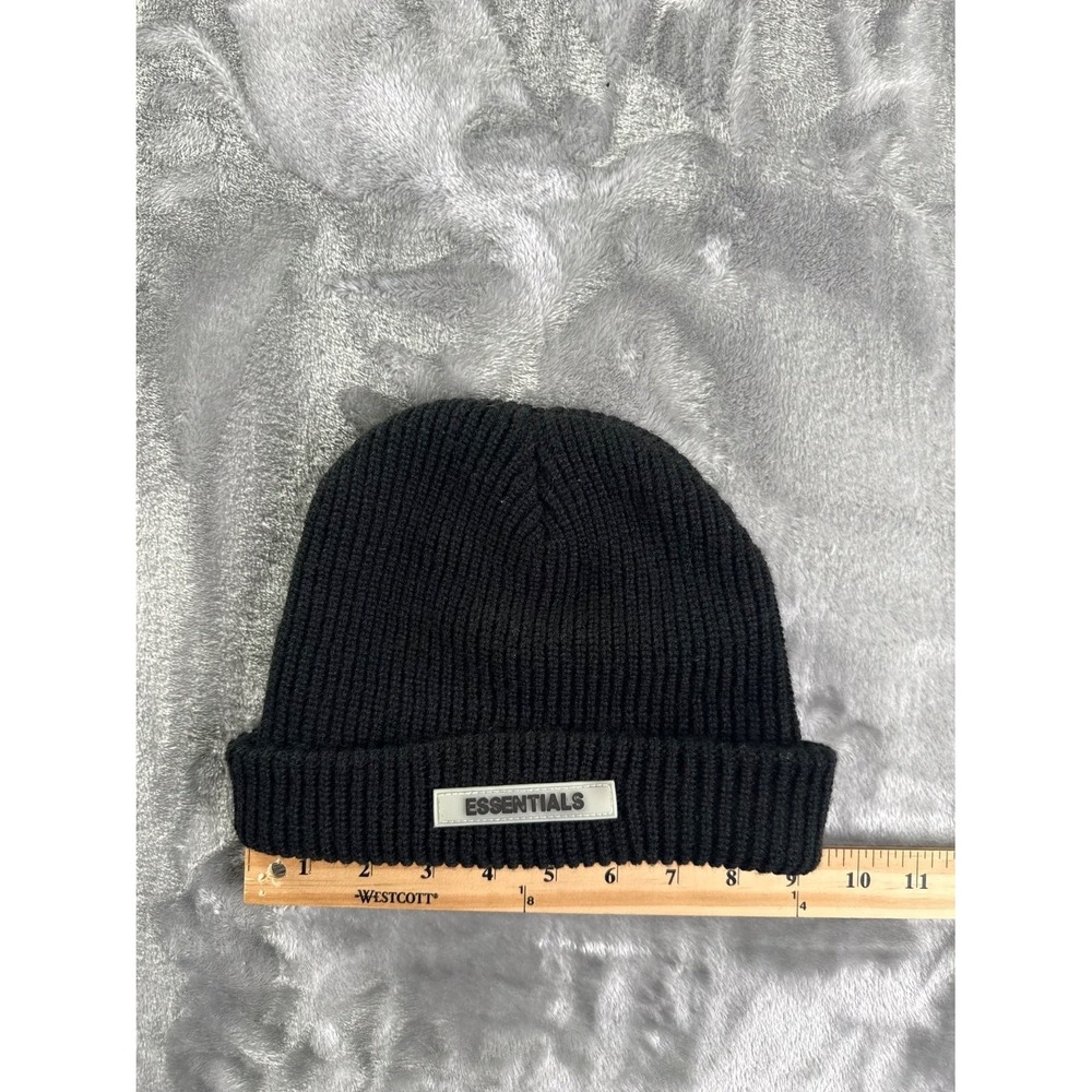 Fear of God Essentials Beanie Black Ribbed Knit Cuffed Hat Rubber Logo One Size